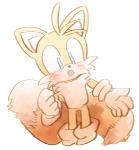 anthro blue_eyes blush clothing fur gloves handwear male simple_background smile solo white_background white_body white_fur yellow_body yellow_fur young young_anthro sikai sega sonic_the_hedgehog_(series) miles_prower canid canine fox mammal portrait three-quarter_portrait