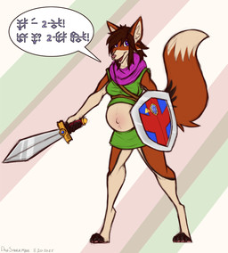 anthro belly belly_blush blush body_blush brown_body brown_fur brown_hair clothed clothing dipstick_tail female fur hair markings melee_weapon navel outie_navel pregnant pregnant_anthro pregnant_female purple_eyes raised_clothing raised_topwear scarf shield shirt smile smiling_at_viewer solo speech_bubble standing sword tail tail_markings talking_to_viewer tan_body tan_fur tan_tail_tip topwear tunic weapon dansharkman tunic_(video_game) autumn_(dansharkman) canid canine fox mammal 2025 constructed_language digital_drawing_(artwork) digital_media_(artwork) english_description fictional_language hi_res