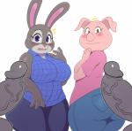 2018 absurd_res anthro balls big_breasts big_butt blush bodily_fluids bonnie_hopps breasts butt clothed clothing crossover digital_media_(artwork) disney domestic_pig duo_focus female genitals group hi_res illumination_entertainment imminent_sex lagomorph leporid male male/female mammal mature_anthro mature_female open_mouth overweight overweight_female penis purple_eyes rabbit rosita_(sing) short_stack simple_background sing_(movie) sssonic2 suid suina sus_(pig) sweat teeth thick_thighs vein white_background wide_hips zootopia