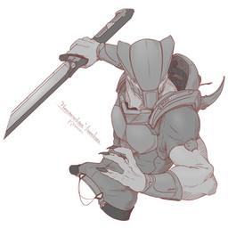 action_pose ambiguous_gender armor attack claws clothing headgear helmet muscular not_furry pose simple_background solo weapon kredri alien alien_humanoid humanoid unknown_species