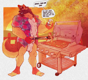 animal_genitalia anthro balls barefoot baseball_cap beverage_can border bottomless clothed clothing cooking day dialogue eyebrows eyewear eyewear_on_head facial_piercing feet fence food fully_sheathed fur genitals grey_border grill grilling hat headgear headwear holding_object hot_dog humanoid_feet inviting kitchen_utensils looking_at_viewer male meat muscular muscular_anthro muscular_male navel nose_piercing nose_ring open_clothing open_shirt open_topwear outside piercing plant plantigrade ring_piercing sausage septum_piercing septum_ring sheath shirt sky smile solo standing sun sunglasses sunglasses_on_head sunset talking_to_viewer teeth text tools topwear tree tuft mangymalamute canid canine canis domestic_dog german_shepherd herding_dog mammal pastoral_dog 2022 absurd_res english_text hi_res