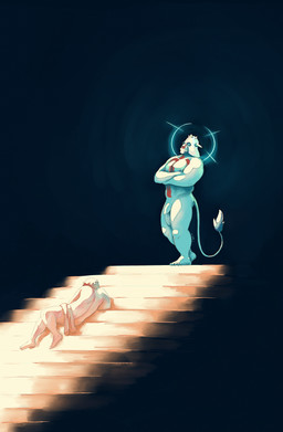 ambiguous_gender ambiguous_human balls big_balls blue_body blue_tail clothing crossed_arms duo foreskin genitals headgear headwear humanoid_genitalia humanoid_penis male male_humanoid mostly_nude mouth_closed muscular muscular_humanoid muscular_male pecs penis stairs standing tail tail_tuft teeth tuft chocolateandmilk human humanoid mammal species_request absurd_res hi_res