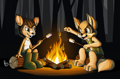 anthro barefoot boots campfire clothed clothing duo feet female female_anthro footwear fur glistening glistening_eyes green_boots green_clothing green_footwear green_topwear green_vest log logo male male_anthro night open_mouth open_smile orange_body orange_fur plant shoes sitting smile topwear tree vest white_body white_clothing white_fur white_topwear wood young young_anthro young_female young_male pandapaco canid canine deer fox mammal artist_logo signature