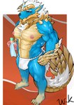 anthro asian_clothing blue_body blue_eyes breasts bulge clothing east_asian_clothing male muscular muscular_anthro muscular_male nipples solo underwear workakeius capcom monster_hunter mythology dragon fanged_wyvern mythological_creature mythological_scalie scalie zinogre hi_res