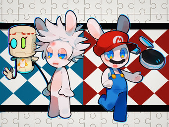 3_fingers ambiguous_gender anthro bent_leg black_facial_hair black_mustache blue_clothing blue_inner_ear blue_outline blue_overalls blue_sclera button_(fastener) clothed clothed_anthro clothed_male clothing empty_eyes facial_hair featureless_crotch fingers floating_ears fur green_sclera grey_hair group hair hand_pawpads hat head_bump headgear headwear jigsaw_puzzle larger_ambiguous larger_anthro larger_male legless lidded_eyes light long_ears machine male male_anthro messy_hair mouthless multicolored_body mustache no_eyebrows noseless nude_anthro nude_male on_one_leg open_mouth outline overalls pattern_background pawpads pupils red_clothing red_hat red_headwear screen screen_face shirtless_anthro shirtless_male short_hair simple_background size_difference smaller_male standing straight_arms tan_body tan_eyelids tan_inner_ear tan_pawpads tan_skin two_tone_body white_body white_fur white_pupils renballball mario_bros mario_plus_rabbids_kingdom_battle nintendo rabbids_invasion_(series) raving_rabbids rayman_(series) ubisoft beep-0 mad_rabbid rabbid_mario secur-x lagomorph mammal rabbid robot 2023 4:3 colored crossover digital_drawing_(artwork) digital_media_(artwork) lighting shaded male_(lore)