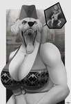 4_toes anthro anthro_pred big_breasts black_nose bodily_fluids bottomwear bra breasts claws clothed clothing cutaway duo extreme_size_difference eyebrows feet female female_pred floppy_ears fur garrison_cap hat headgear headwear horn imminent_vore in_mouth internal larger_anthro larger_female larger_pred male male/female mawplay micro mouth_play navel on_tongue open_mouth saliva saliva_on_tongue saliva_string shorts simple_background sitting sitting_on_tongue size_difference smaller_anthro smaller_male smaller_prey smile tail teeth throat toe_claws toes tongue tongue_out topless underwear uvula vore white_body white_fur willing_pred willing_prey taylornoir mythology skydraco valeska_nox_(taylornoir) borzoi canid canine canis domestic_dog dragon hunting_dog mammal mythological_creature mythological_scalie scalie sighthound 2022 absurd_res artist_name digital_drawing_(artwork) digital_media_(artwork) full-length_portrait half-length_portrait hi_res monochrome portrait shaded signature