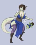 2017 4:5 animal_humanoid big_breasts blush breasts brown_hair cleavage clothed clothing doll dragon dragon_humanoid female growth hair hi_res horn humanoid humanoid_to_anthro mythological_creature mythological_scalie mythology scale_growth scales scalie short_hair simple_background solo standing surprise tail tail_growth thatweirdguyjosh thick_thighs transformation wide_hips