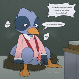 anal anal_penetration animal_genitalia anthro blush breath cloaca cloacal_penis dialogue erection genitals leaking male nest object_in_ass object_insertion office pen penetration sitting solo text dowaku_01 bandai_namco mappy shiftylook sky_kid avian bird 1:1 english_text hi_res