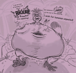 4_fingers anthro banana_peel belly belly_pat big_belly big_navel bloated burping crown crown_only dialogue digestion digestion_noises fingers fur grass half-closed_eyes hand_on_belly headgear headgear_only low-angle_view male mostly_nude narrowed_eyes navel nude obese obese_anthro obese_male open_mouth overweight overweight_anthro overweight_male patting_belly plant rock sitting solo sound_effects speech_bubble stain stained_fur tail text scudmum dreamworks madagascar_(series) king_julien lemur mammal primate ring-tailed_lemur strepsirrhine 2025 digital_drawing_(artwork) digital_media_(artwork) hi_res sketch