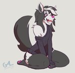 anthro black_and_white_fur canid canine canis clothed clothing crossdressing generation_3_pokemon girly good4life4ever kneeling male mammal mightyena nintendo off_shoulder playful pokeball pokeball_in_mouth pokemon pokemon_(species) solo sweater topwear wolf