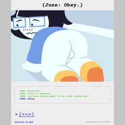 all_fours bdsm black_hair blush blush_lines bottomless butt clothed clothing comic_panel dialogue eyewear footwear genitals glasses good_girl gynomorph hair intersex nervous not_furry on_ground pajamas pantsless penis petplay presenting puppyplay roleplay short_hair small_penis socks solo text white_body ashleyorange homestuck ms_paint_adventures june_egbert human mammal 1:1 comic english_text hi_res incest_(lore) sibling_(lore) sister_(lore) sisters_(lore) trans_(lore) trans_woman_(lore)