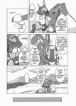 anthro anthrofied breasts canid canine comic dialogue digital_media_(artwork) duo english_text featureless_breasts female fur generation_4_pokemon greyscale kurohane_karasu lagomorph lopunny lucario male mammal monochrome nintendo pokemon pokemon_(species) pokemorph text