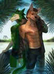 anthro duo male muscular palm_tree plant sea tail tree water pize canid canine mammal sergal absurd_res hi_res