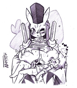 after_orgasm anthro big_breasts blush bodily_fluids breast_on_head breast_play breasts clothing cradling cum cum_on_breasts cum_on_face duo exposed_breasts facial_markings female genital_fluids genitals head_markings human_on_anthro interspecies male male/female markings mole_(marking) mole_on_breast one_eye_closed penis robe size_difference milkibar00 bandai_namco digimon canid digimon_(species) human mammal taomon monochrome