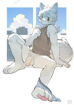 5_fingers anthro balls biped claws clothed clothing clothing_around_one_leg eyebrow_through_hair eyebrows fingers flaccid foreskin fur genitals hair humanoid_genitalia humanoid_penis male partially_clothed penis solo translucent translucent_hair underwear underwear_around_one_leg underwear_down white_body white_fur white_hair milkybot canid canine fox mammal hi_res