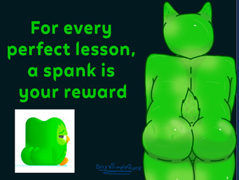 anthro big_butt butt gesture green_body green_butt lesson male mascot simple_background solo suggestive suggestive_gesture text onlyasimplerock duolingo duo_(duolingo) avian bird owl hi_res meme