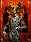 abstract_art anthro antlers bared_teeth black_clothing black_suit bone cane clock clothing fire gloves glowing glowing_eyes handwear horn male necktie pocketwatch red_background red_necktie religious_motif religious_symbols simple_background skull solo star suit teeth three_piece_suit topwear vest watch white_clothing white_gloves white_handwear genzoman deer demon mammal cross-hatching hatching_(art) hi_res shaded