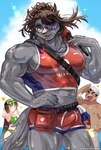 abs anthro bandage bandage_on_face bandage_on_nose blush brown_body brown_fur bulge clothing eyewear female forehead_horn fur glasses group horn lifeguard male muscular muscular_anthro muscular_male nipples pecs sparkles swimwear trio vein whistle_(object) sumiwohakuneko lifewonders tokyo_afterschool_summoners akiha_gongen_(tas) catoblepas_(tas) female_protagonist_(tas) protagonist_(tas) human humanoid mammal monster