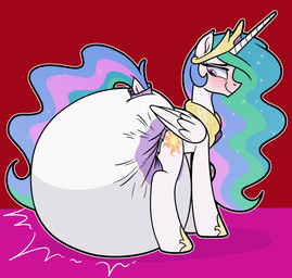 big_diaper black_eyeliner blush crown cutie_mark diaper eyebrows eyeliner female feral gold_(metal) gold_jewelry gold_necklace gold_tiara headgear horn huge_diaper jewelry makeup necklace purple_diaper purple_eyes purple_floor red_backgroundf smile solo tiara white_body white_diaper wings nineplusten friendship_is_magic hasbro my_little_pony mythology princess_celestia_(mlp) equid equine mammal mythological_creature mythological_equine winged_unicorn hi_res
