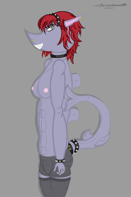 anthro boxer_briefs breasts clothing collar female fin footwear green_eyes grey_background grey_clothing grey_underwear grin hair legwear looking_at_viewer nipples non-mammal_breasts piercing red_hair simple_background smile socks solo standing underwear tangylicious93 aquatic fish shark 2015 2:3 dated hi_res source_request