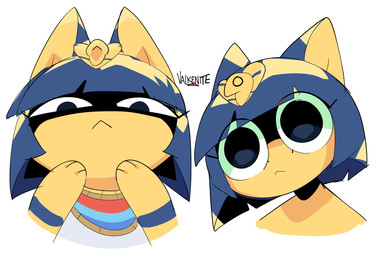 :< accessory anthro big_eyes blue_hair bob_cut clothing dialated_pupils egyptian egyptian_clothing egyptian_headdress eyelashes female fur hair head_tilt looking_at_viewer multiple_poses narrowed_eyes paws pointy_ears pose shadowed_eyes simple_background solo stare topwear uraeus usekh white_background wide_eyed yellow_body yellow_fur valkenite animal_crossing nintendo ankha_(animal_crossing) domestic_cat felid feline felis mammal 2026 bust_portrait digital_drawing_(artwork) digital_media_(artwork) hi_res portrait signature