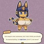 anthro big_breasts blue_eyes blue_hair breasts cleavage clothed clothing dialogue dialogue_box egyptian egyptian_clothing egyptian_headdress female fur genitals hair huge_breasts hyper hyper_breasts inviting_to_sex pussy short_stack text thick_thighs yellow_body yellow_fur freepancakes animal_crossing egyptian_mythology middle_eastern_mythology mythology nintendo ankha_(animal_crossing) domestic_cat felid feline felis mammal 1:1 2025 digital_media_(artwork) english_text hi_res