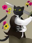 anthro classy clothing flower holding_melee_weapon holding_object holding_sword holding_weapon male melee_weapon plant simple_background solo sword tail topwear vest weapon hysk domestic_cat felid feline felis mammal 3:4