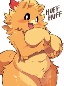 anthro belly big_breasts breasts crotch_tuft fangs featureless_breasts female female_anthro fingers fur holding_breast looking_at_viewer open_mouth simple_background solo tail teeth text thick_thighs tongue tongue_out tuft white_background tofffffu game_freak nintendo pokemon pokemon_winds_and_waves generation_10_pokemon pokemon_(species) pombon 2026 absurd_res hi_res