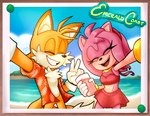 anthro beach beverage duo eyes_closed female fur gesture hand_gesture holding_beverage holding_glass holding_object male male/female micro_thighs midriff photo pink_body pink_fur sea sky smile teeth thin_thighs v_sign water yellow_body yellow_fur michhart sega sonic_the_hedgehog_(series) amy_rose miles_prower canid canine eulipotyphlan fox hedgehog mammal hi_res