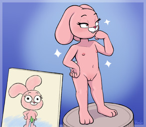 3_toes anthro canvas countershade_snout countershade_tail countershading eyelashes feet female female_anthro flat_chested floppy_ears genitals innie_vulva leaf loli lop_ears monotone_body navel nipples nude nude_anthro nude_female nude_modelling painting_(object) pink_body pink_nipples pink_nose pink_vulva platform pose red_eyes reddened_pussy simple_background snout solo sparkles tail tail_tuft toes tuft vulva young young_anthro young_female heshieokf cartoon_network the_amazing_world_of_gumball anais_watterson lagomorph leporid mammal rabbit hi_res