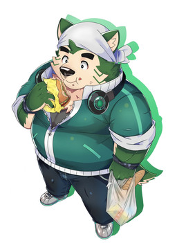 anthro belly big_belly black_nose bottomwear bread burger clothing electronics food green_body headphones headphones_around_neck humanoid_hands kemono male overweight overweight_male pants shirt simple_background solo topwear ran_ran_629 lifewonders live_a_hero mokdai canid canine canis domestic_dog mammal 2022 hi_res