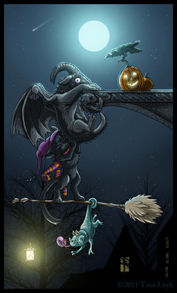 bat_wings black_body black_fur broom cleaning_tool clothing feral food fruit fur glowing green_body green_scales group hat headgear headwear high_place holidays horn jack-o'-lantern lamp lantern licking light male membrane_(anatomy) membranous_wings moonlight night outside plant pumpkin scales scarf shooting_star silhouette sky smile spines star starry_sky stripes tongue tongue_out tree white_eyes wings witch_hat tina_leyk halloween avian bird chameleon corvid corvus_(genus) crow domestic_cat felid feline felis gargoyle jackson's_chameleon lizard mammal oscine passerine reptile scalie 2011 digital_media_(artwork) signature