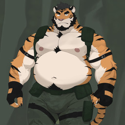 anthro armband army army_clothing army_outfit army_uniform barazoku beard belly belt biceps big_belly big_bulge big_muscles big_pecs black_armband black_beard black_chest_hair black_clothing black_eyebrows black_facial_hair black_fingerless_gloves black_gloves black_hair black_handwear black_legband black_pubes body_hair bottomwear bulge camo camo_bottomwear camo_clothing camo_pants camo_print chest_hair claws clothed clothing eyebrows facial_hair fingerless_gloves frown frowney_face frowning_at_viewer fur gloves green_background green_belt green_bottomwear green_clothing green_pants hair handwear intimidation legband looking_at_viewer male male_anthro manly markings military military_clothing military_gear military_pants military_uniform musclegut muscular muscular_anthro muscular_male navel nipples orange_body orange_fur pants pattern_bottomwear pattern_clothing pattern_pants pecs pubes pubes_exposed simple_background soldier solo stern stern_look striped_body striped_fur striped_markings stripes thick_arms thick_eyebrows topless topless_anthro topless_male tough_guy uniform warrior phan0619 felid feline mammal pantherine tiger 1:1 hi_res