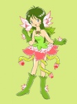 3:4 boots breasts clothing dress elemental_creature female flora_fauna flower footwear front_view gloves green_background green_hair hair handwear humanoid jewelry long_hair looking_at_viewer necklace not_furry open_mouth plant pukao rose_(flower) shoes simple_background small_breasts smile solo standing tongue tongue_out