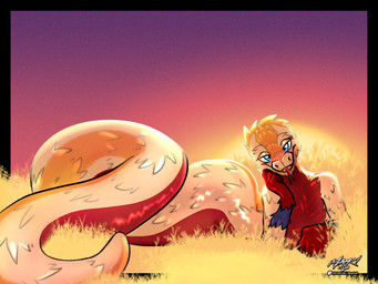 anthro apode arm_support bedroom_eyes butt field field_background glistening glistening_body leaning_on_elbow legless lying male narrowed_eyes on_side seductive serpentine smile smiling_at_viewer solo tongue_flicking wide_hips meatyr draconcopode naga reptile scalie snake 4:3 absurd_res hi_res