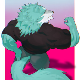 5_fingers anthro back_muscles biped black_clothing black_nose black_shirt black_topwear bottomwear claws clothed clothing fingers fur grey_bottomwear grey_clothing grey_pants humanoid_hands male muscular muscular_anthro muscular_male muscular_thighs pants shirt solo standing teal_body teal_fur topwear zethan07 brand_new_animal studio_trigger shirou_ogami canid canine canis mammal wolf 1:1 2025 colored hi_res