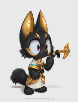 ankh anthro black_body black_fur claws clothed clothing collar duct_tape fully_clothed fur holding_object male pink_eyes simple_background solo staff tape text whiskers white_background yellow_body silverfox5213 egyptian_mythology middle_eastern_mythology mythology anubis anubian_jackal canid canine canis deity jackal mammal 2025 hi_res url