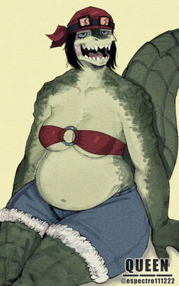 anthro bandanna_on_head bandeau belly belly_overhang big_belly black_hair bottomwear bra breasts clothing daisy_dukes denim denim_bottomwear denim_clothing denim_shorts eyewear eyewear_on_head female goggles goggles_on_head green_body green_scales hair hotpants medium_breasts navel non-mammal_breasts non-mammal_navel overweight overweight_anthro overweight_female scales sharp_teeth shorts solo tail teeth thick_tail thick_thighs topwear under_boob underwear wide_hips espectro111222 alligator alligatorid crocodilian reptile scalie hi_res