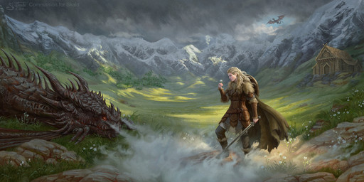 ambiguous_gender armor blonde_hair braided_hair building cape chainmail clothing cloud detailed_background duo eyes_closed female feral flower grass hair holding_flower holding_melee_weapon holding_object holding_sword holding_weapon horn house melee_weapon membrane_(anatomy) membranous_wings mountain outside plant red_body red_scales rock scales shield sleeping smoke smoke_from_nose standing sword weapon wings shade_of_stars mythology dragon human mammal mythological_creature mythological_scalie scalie 2025 hi_res
