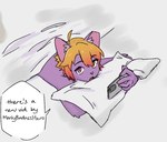 2024 adolescent anthro bed biped domestic_cat felid feline felis fur furniture hair heterochromia looking_at_viewer male mammal on_bed orange_hair pink_eyes purple_body purple_fur roze_(strayrozerem) slim_anthro slim_male solo strayrozerem yellow_eyes young young_anthro young_male