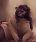 anthro calm choker clothed clothing cozy female fluffy fluffy_hair fur hair jewelry lying necklace no_underwear on_side pose purple_body purple_eyes purple_fur purple_hair purple_skin solo sunset sweater topwear wavy_hair nyrox_(artist) mammal procyonid raccoon absurd_res hi_res