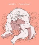 4_toes anthro big_muscles building bulge canid canine canis city collar destruction feet footprints house huge_muscles licking licking_lips macro male mammal muscular muscular_anthro muscular_male pecs red_background reindeer_costume shaded simple_background simple_shading solo soonico toes tongue tongue_out wolf