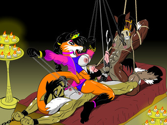 anthro bdsm bodily_fluids bondage bound candle chain chained cock_and_ball_torture cuff_(restraint) cum cumshot dark dominant dominant_female ejaculation female gag gagged genital_fluids genital_torture group handjob male male/female multi_arm multi_limb nipple_clamp nipple_fetish nipple_play nipple_torture penile restraints rope rope_bondage sex trio setmann123 canid canine equid equine fox horse mammal hi_res