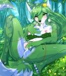 anthro blush bodily_fluids breath clothed clothing female fingering forest fur genital_fluids genitals green_body green_fur heart_eyes heart_symbol masturbation nature nature_background panting plant pussy solo tree vaginal vaginal_fingering vaginal_fluids damn_lasso_tool bloodline_(webcomic) ariah_(bloodline) canid canine canis elemental_creature mammal wolf hi_res