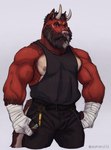 angry anthro arm_hair arm_wraps barazoku beard belt biceps black_clothing black_hair black_shirt black_tank_top black_topwear body_hair bottomwear chest_hair chin_piercing clothing deltoids eyebrow_piercing facial_hair facial_piercing fist forearm_hair forearm_muscles forearms front_view frown grey_hair greying_hair hair hairy horn horn_jewelry horn_ring jewelry looking_at_viewer male manly mature_male muscle_shirt muscular muscular_arms mustache nipple_piercing nipples nose_piercing nose_ring obliques pants pecs piercing ring_(jewelry) ring_piercing scowl shirt shoulder_hair simple_background skull_jewelry solo standing tank_top topwear triceps white_background wraps allmand52 canid canine canis hybrid mammal wolf 2024 hi_res