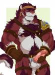 accessory anthro armor balls barazoku belt biceps big_muscles biped bottomless brown_body brown_fur chest_tuft clothed clothing cock_ring erection fangs fur genitals gloves grin handwear holding_penis humanoid_genitalia humanoid_penis jewelry looking_at_viewer male manly multiple_cock_rings musclegut muscular muscular_anthro muscular_male nipples pecs penis penis_accessory penis_jewelry pink_nose purple_body purple_fur simple_background smile smirk solo standing teeth tuft vein whiskers white_body white_fur yellow_eyes sollyz travor_(sw08) felid mammal pantherine tiger hi_res