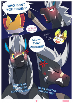angry black_body blush dialogue duo feral fur hoovies male quadruped speech_bubble tail teeth text white_body nikkibunn nintendo pokemon boro_the_zebstrika ellie_the_braixen braixen generation_5_pokemon generation_6_pokemon generation_8_pokemon pokemon_(species) yamper zebstrika comic english_text hi_res