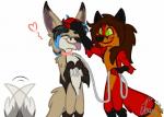 blep brown_hair collar duo fur green_eyes green_sclera grey_body grey_fur hair headpat heart_symbol leash long_ears male petting red_body red_fur tail tail_motion tailwag tongue tongue_out jeany545 crescentwolf metalfox117 canid canine fennec_fox fox mammal true_fox