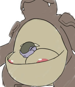 ambiguous_gender areola between_breasts big_breasts breasts brown_body busty_feral duo eyes_closed female feral huge_breasts pouch_(anatomy) pouch_breasts purple_body simple_background snaggle_teeth tan_body unusual_anatomy white_background pinnipip nintendo pokemon baby_kangaskhan generation_1_pokemon kangaskhan pokemon_(species)