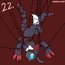 ambiguous_gender anthro barbed_wire blood blood_from_mouth blood_from_wound blood_in_mouth blue_eyes bodily_fluids bound claws crying death dipstick_tail finger_claws fur gore grey_body grey_fur horn markings neck_tuft pawpads red_background simple_background solo suspension tail tail_markings tears tears_of_pain toe_claws torture tuft upside_down white_body white_fur wounded conditional_dnp funnyfaemeat goretober palworld pocketpair canid canine loupmoon mammal pal_(species) 1:1 2025 digital_drawing_(artwork) digital_media_(artwork) hi_res ibispaint_(artwork) signature